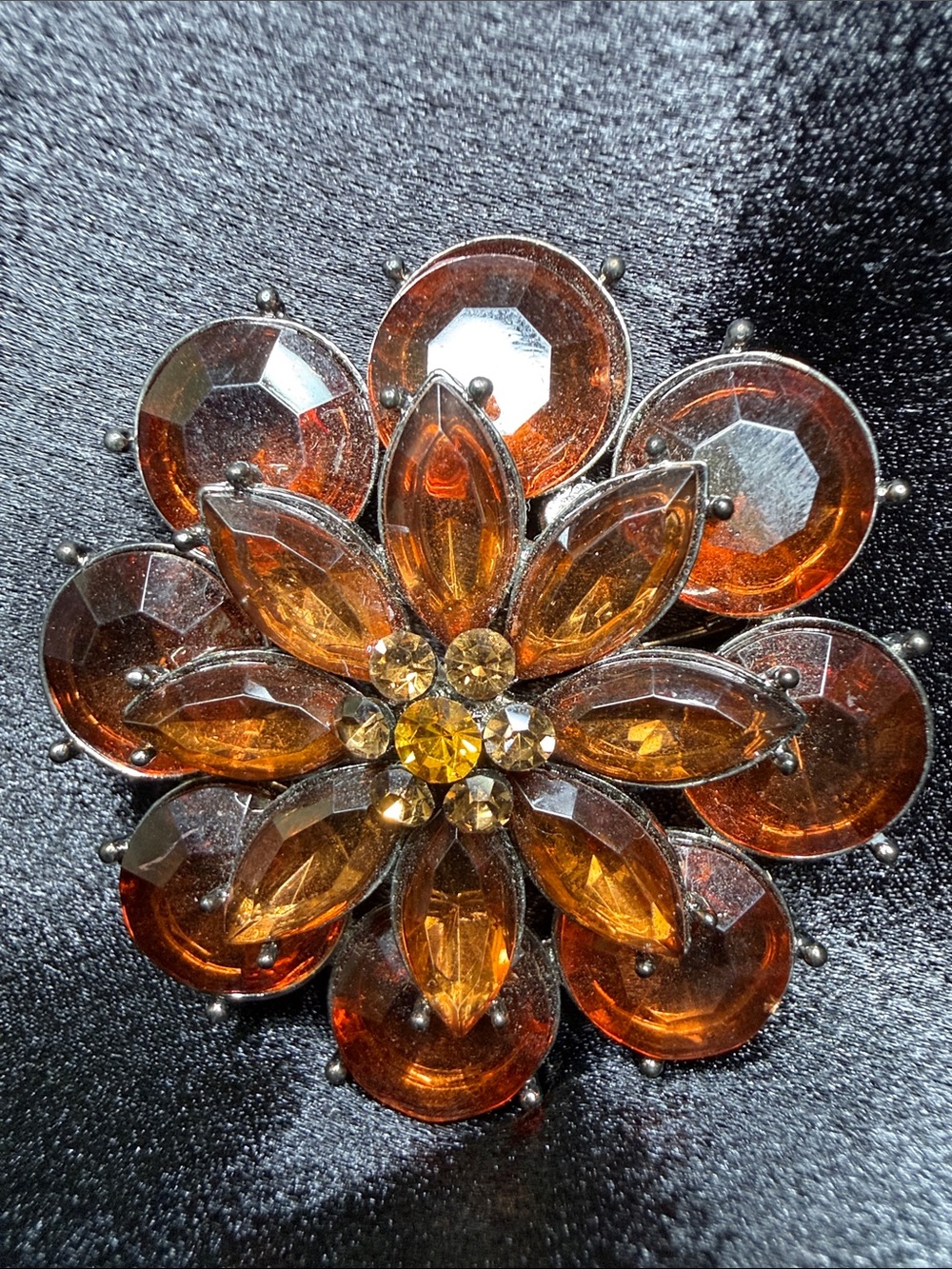 Vintage Amber Crystal Floral Brooch - Unbranded